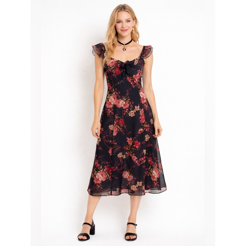 Vintage Madison Leigh Y2K Romantic Black Floral Ruffle Sleeve Midi Dress Size 10 - Picture 3 of 9